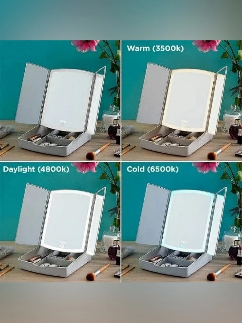 iHome Tri-Fold Lighted Vanity MakeUp Mirror with Storage Tray